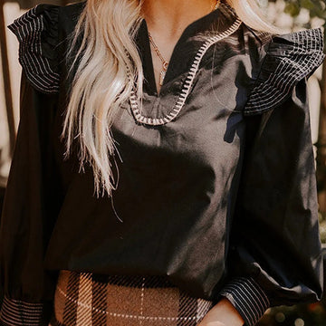Black Contrast Stitched Detail V Neck Ruffle Long Sleeve Blouse