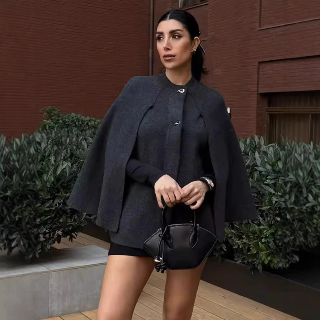 Cape Round Neck Long Sleeve Knitted Sweater Coat