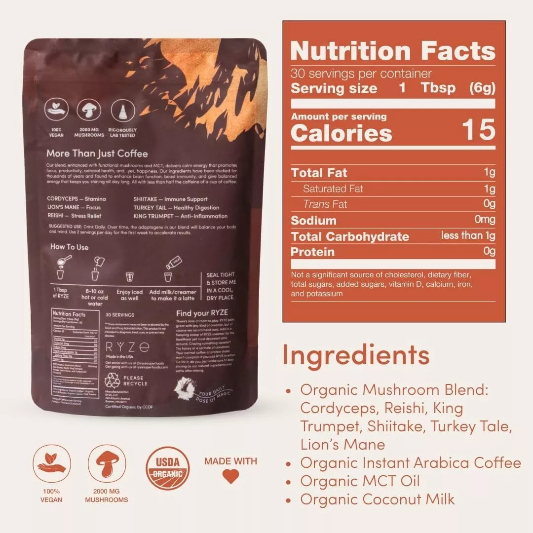 2025 Ryze Organic Mushroom Coffee - 30 Servings, Free Shipping, Fast Delivery